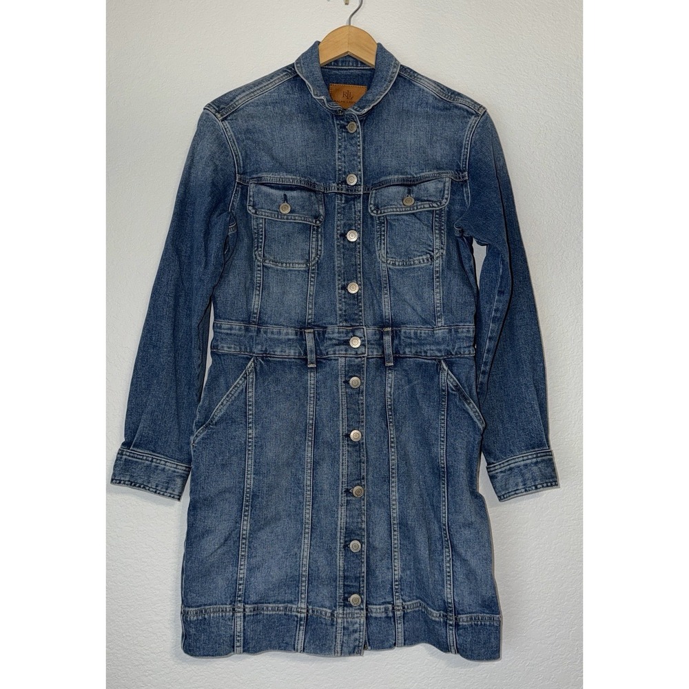 RL Ralph Lauren Denim Shirt Dress Jacket Womens 10 Blue Snap Front Pockets